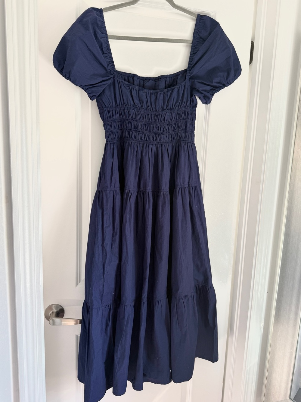 Aritzia Allegoria Poplin Navy Puff-Sleeve Midi Dress - Women's Size M New - Picture 4 of 4